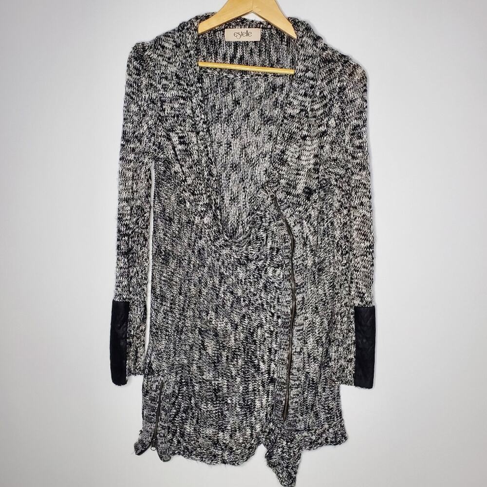 Estelle black & White front zip cardigan open knit sweater